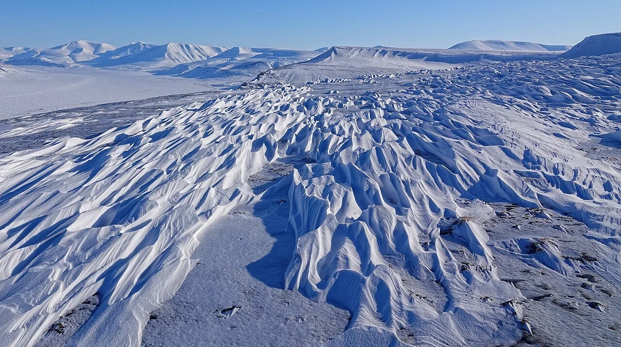 A plain full of snow formations in Svalbard, Norway