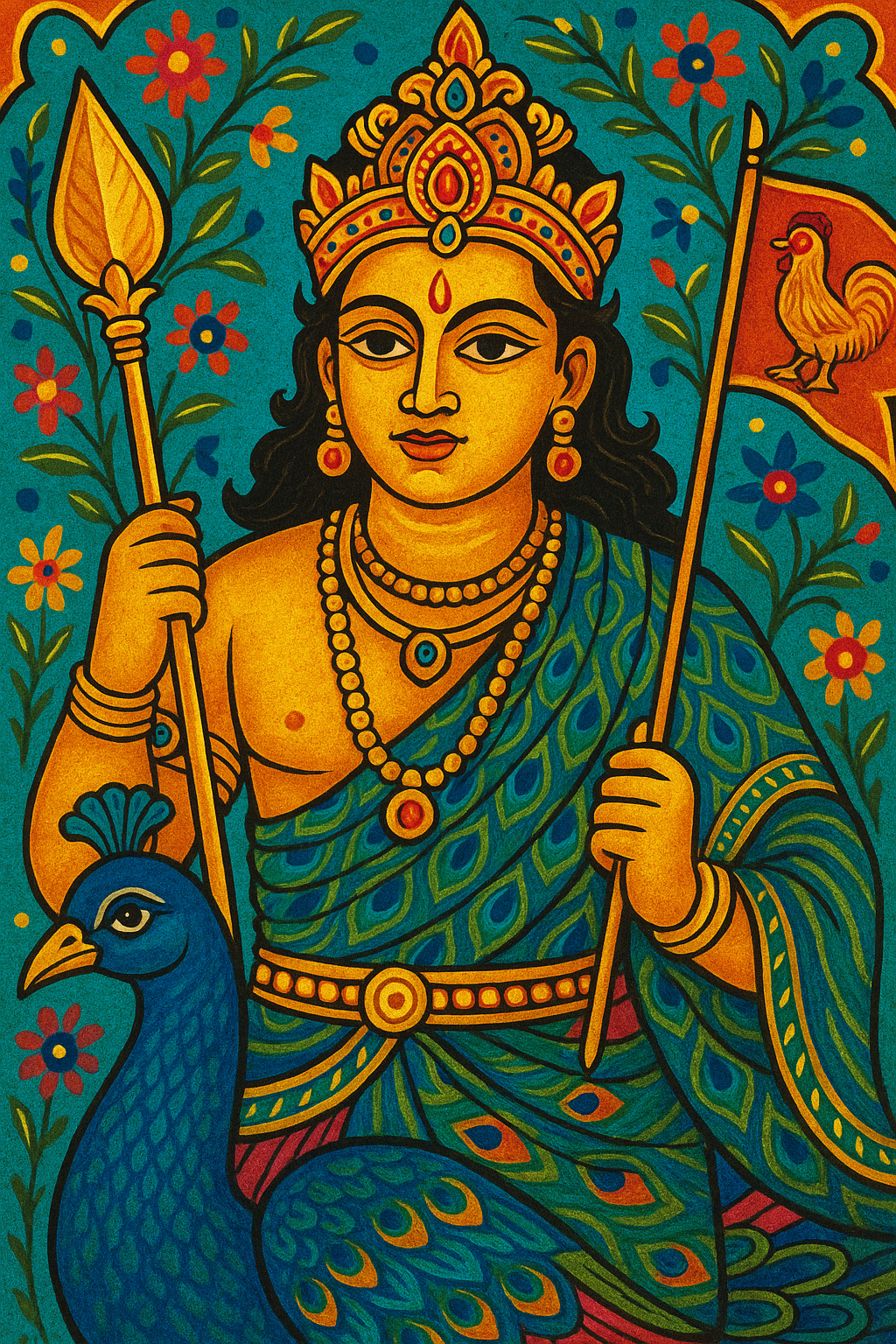 Hindu god Kartikeya (aka Murugan) riding a peacock, and holding a spear and a flag with a rooster on it