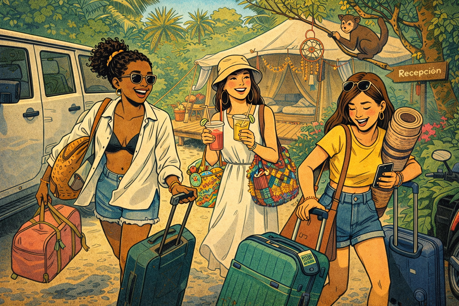 Three young women excitedly arrive at their glamping spot in Tulum, Mexico, carrying bags, drinks and a yoga mat, while a monkey sits on a branch above them