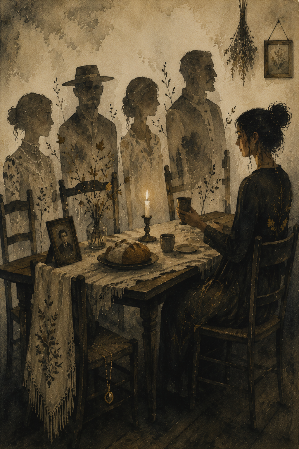 A woman sits at a table with a candle, drink, bread and a photo, summing four ghosts of her ancestors at Samhain