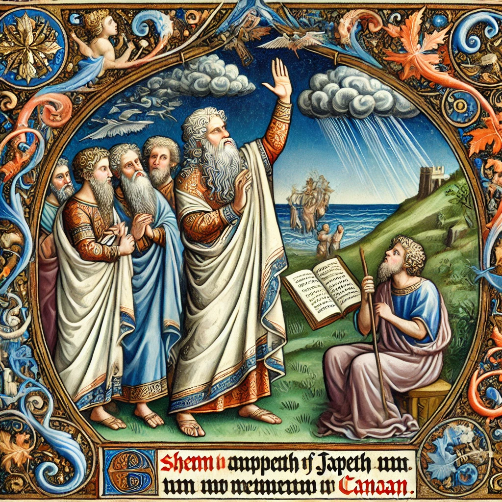 A group of men stand behind Noah as he speaks the curse of Canaan