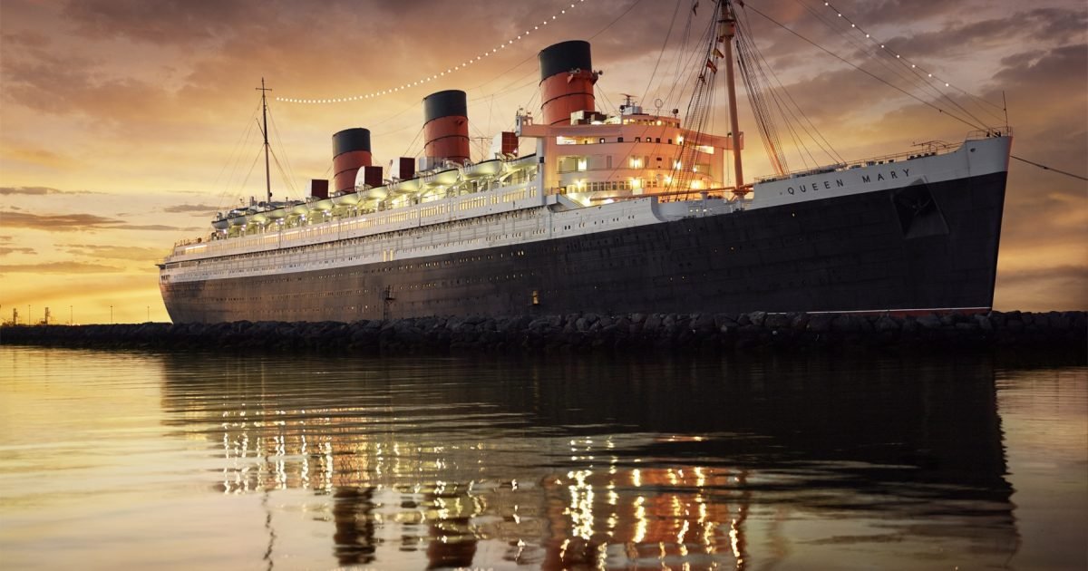The ocean liner Queen Mary in Long Beach, California at sunset