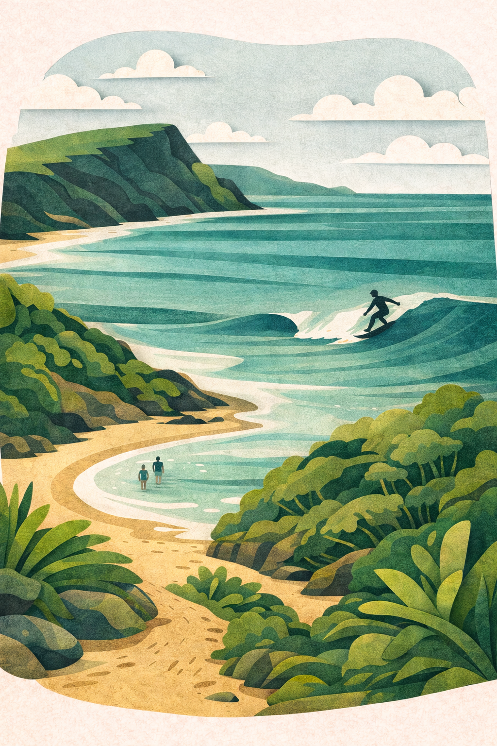 A surfer rides a wave with a couple of people wade in the water at Lennox Head, Australia