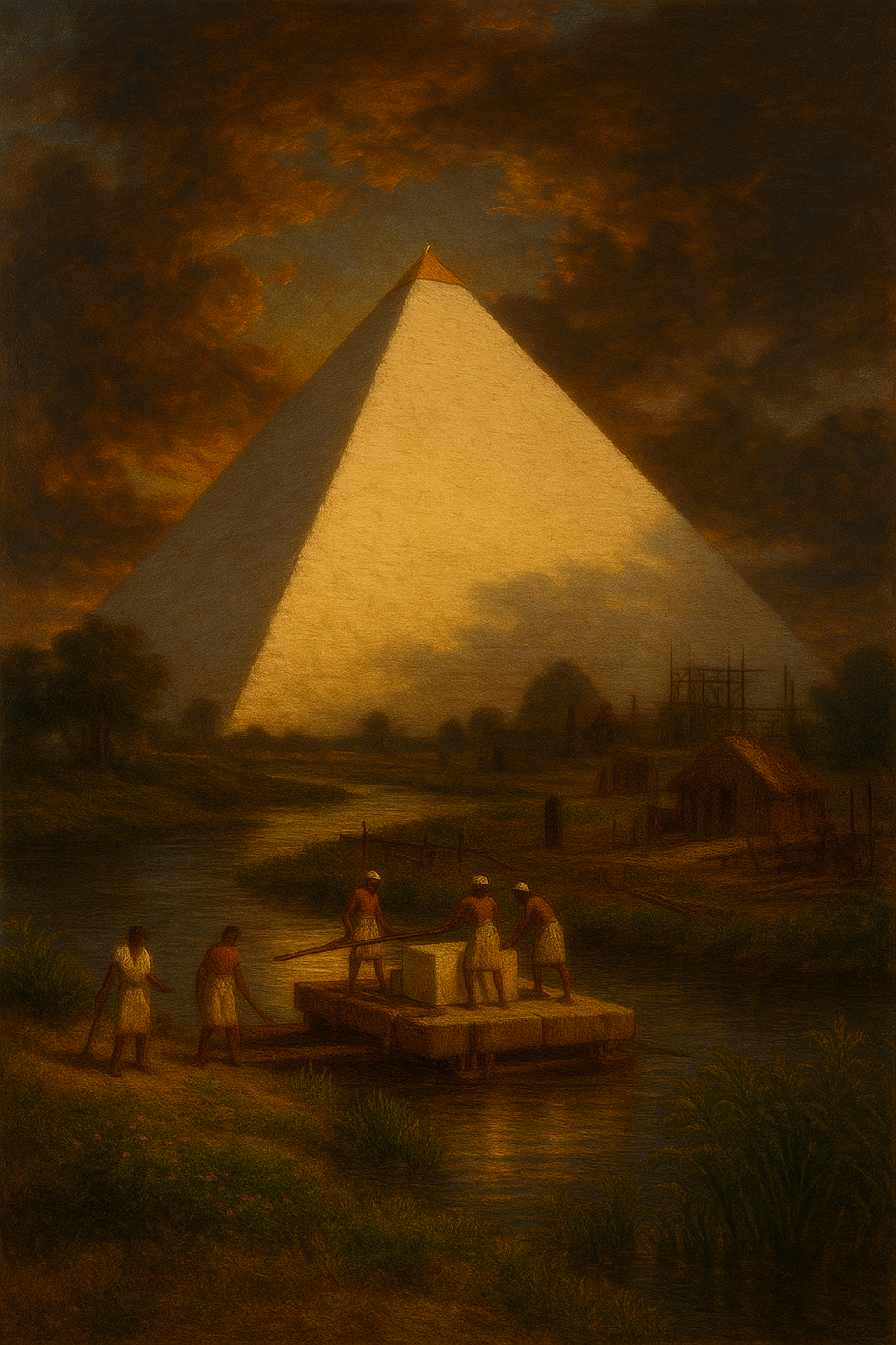 Workers transport limestone on the Nile to cover the Great Pyramid of Giza, seen with a metal capstone