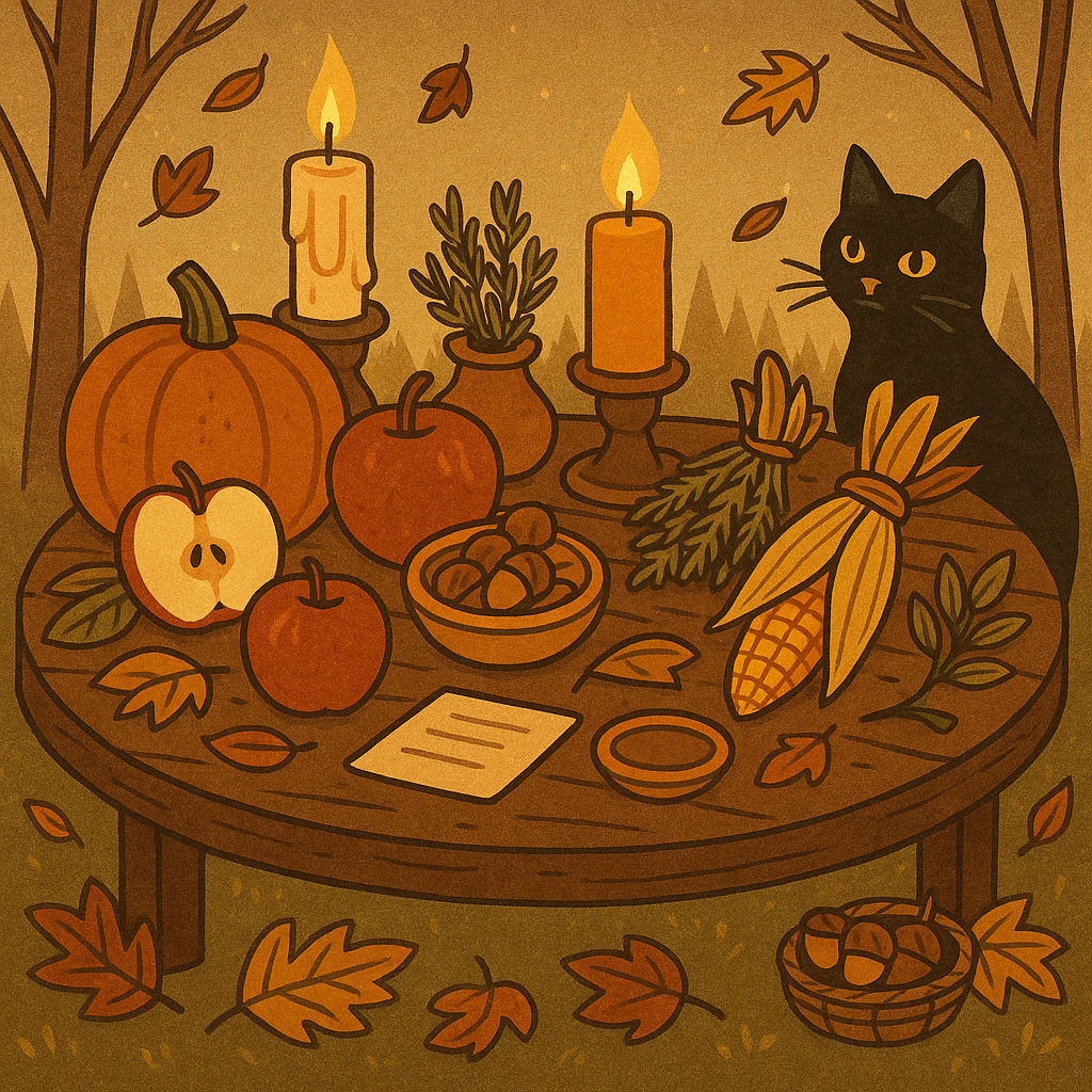 A black cat looks at a table covered with tools for a Mabon fall equinox ritual, including a pumpkin, rosemary, corn, acorns, apples and paper, as leaves fall