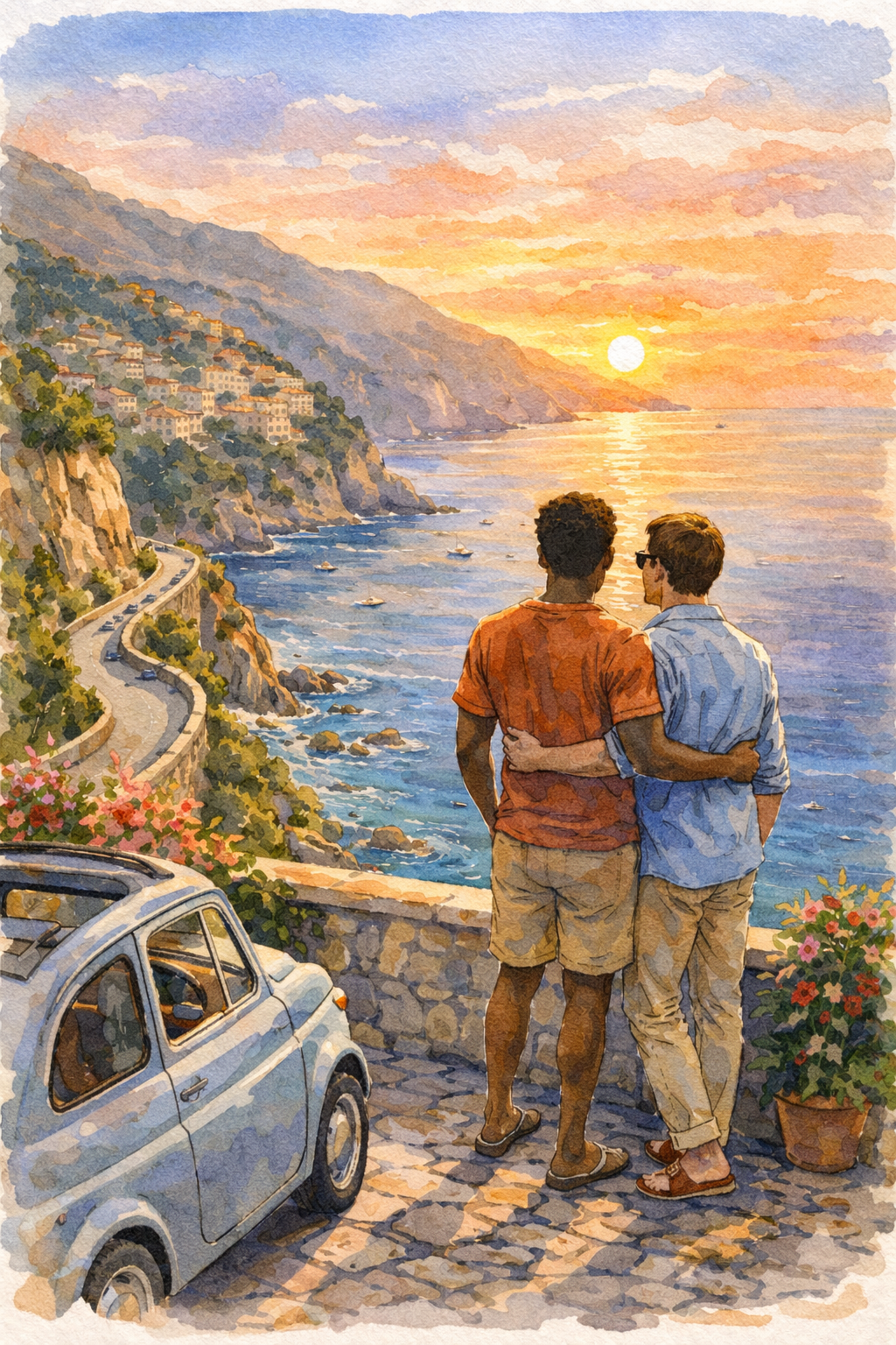 A gay couple puts their arms around each other, looking over the sea at the sunset near their parked Fiat on the Amalfi Coast
