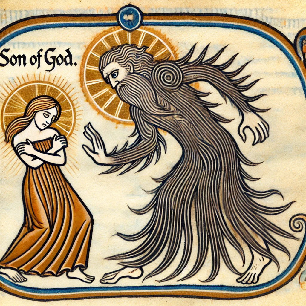 A Song of God, in flowing robe, approaches a woman who tries to be modest
