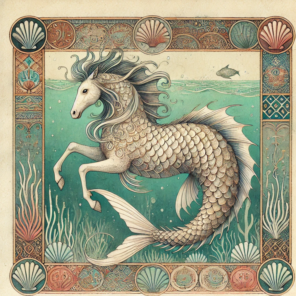 A hippocamp, with the top part of a horse and the tail of a fish