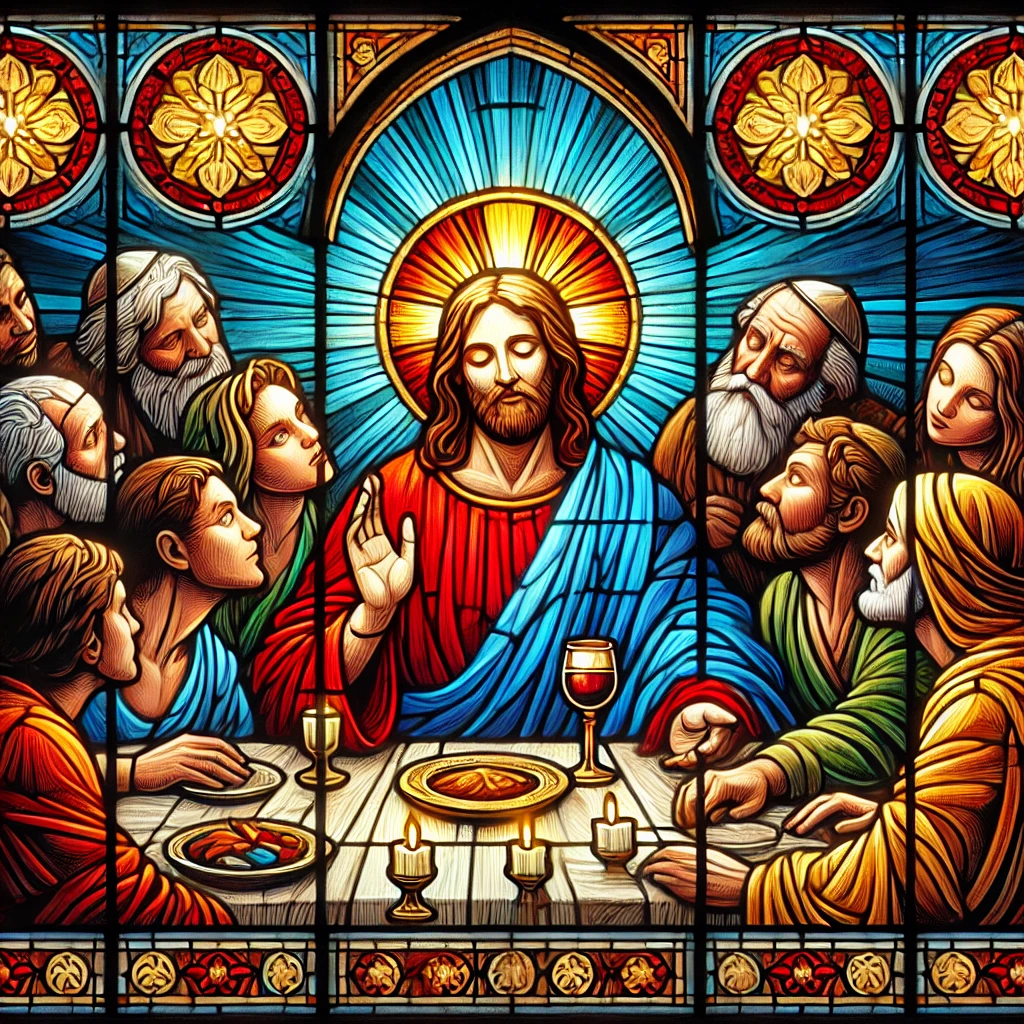 Stained glass style illustration of the Last Supper
