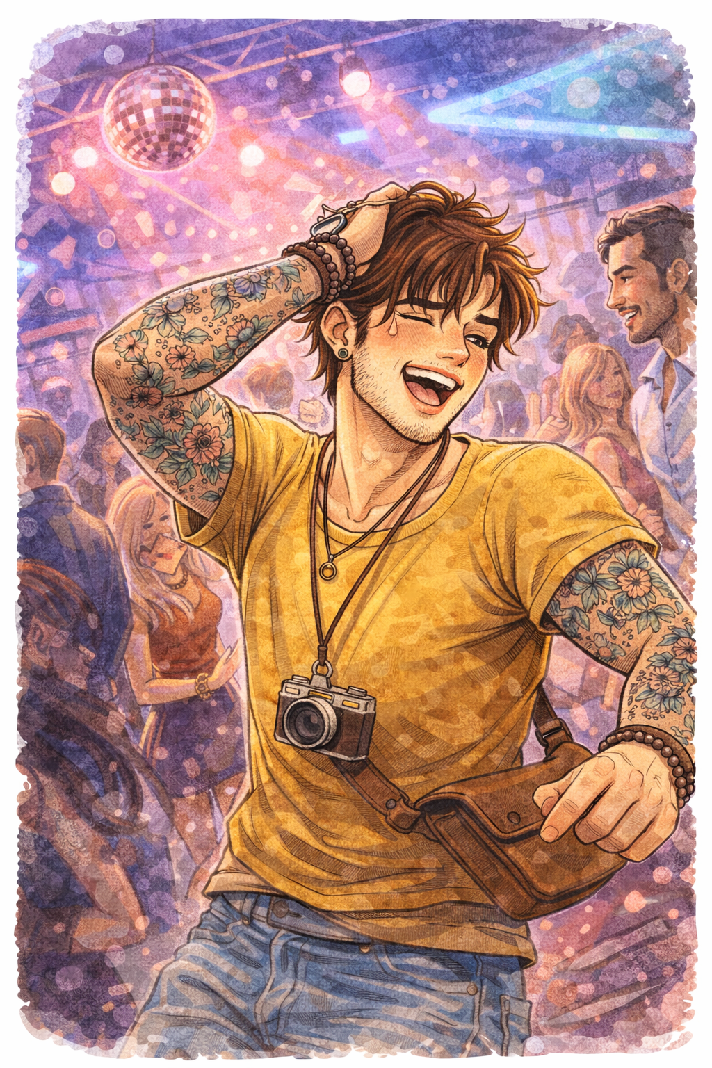 A young man with tattoo sleeves dances at a nightclub