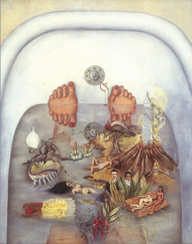Frida Kahlo's What the Water Gave Me, a painting with her feet in a bathtub filled with imagery, including a volcano and nude women