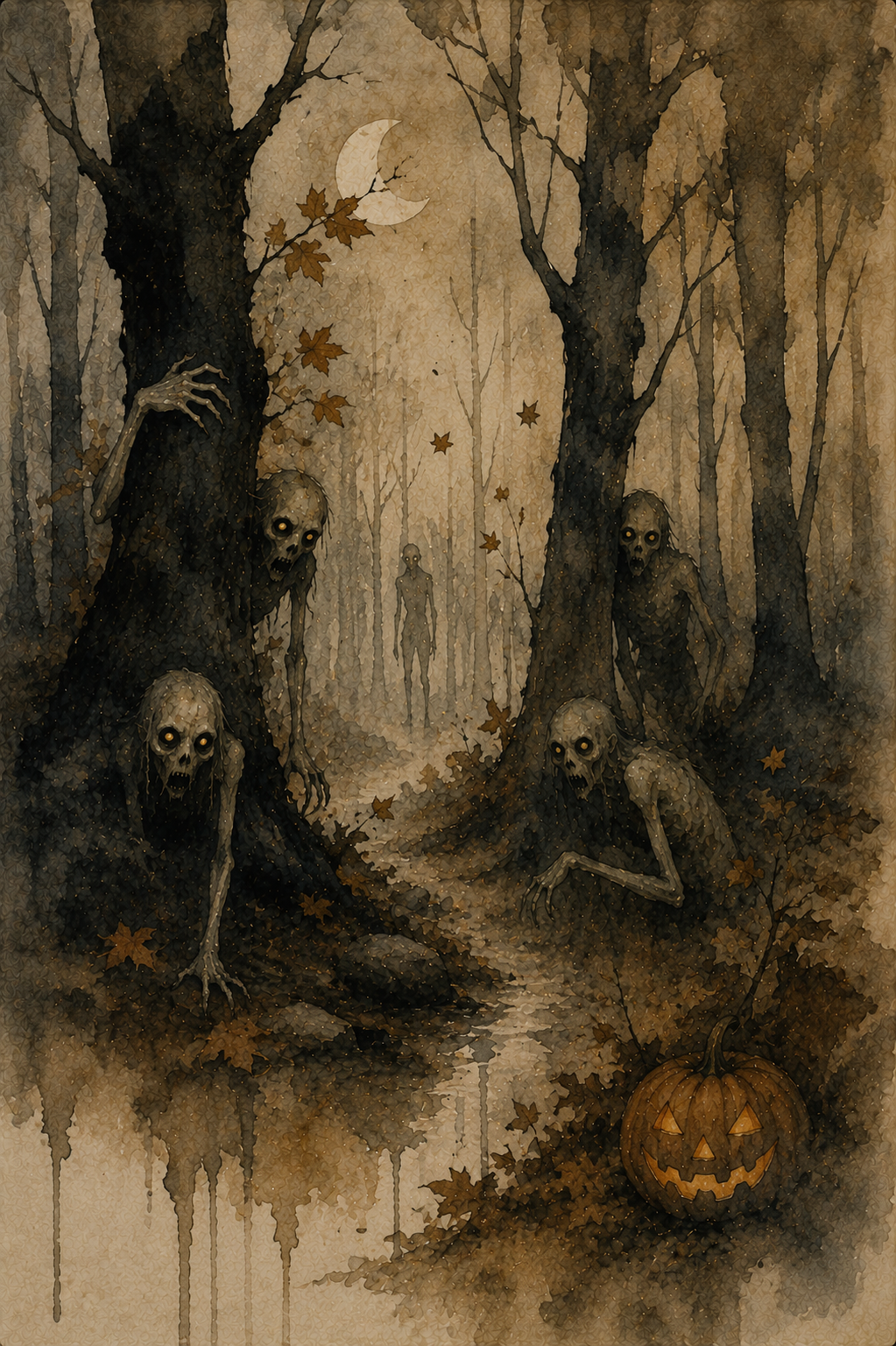 Ghouls hide by a path in the forest at Samhain, with falling leaves and a jack-o'-lantern nearby