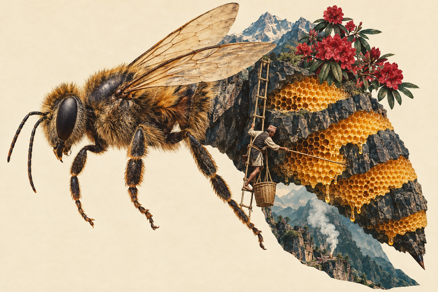 Collage of a bee, with its hindquarters honeycomb and rocks, as a man harvests honey from a rope ladder, with rhododendrons and mountains of Nepal