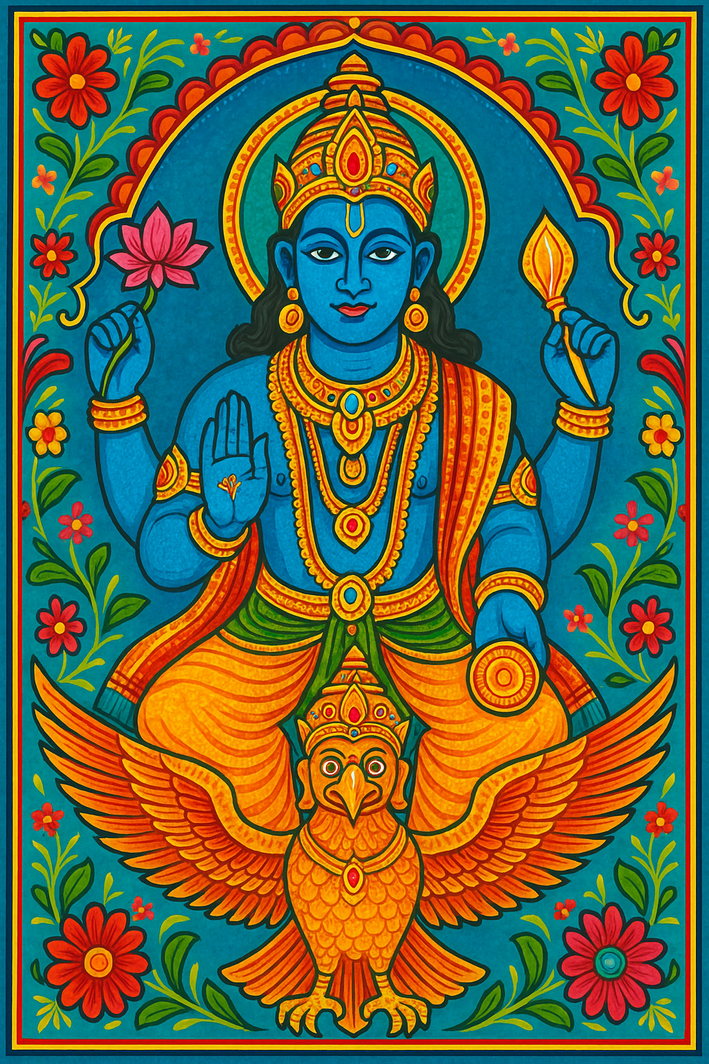 The Hindu god Vishnu rides the eagle Garuda