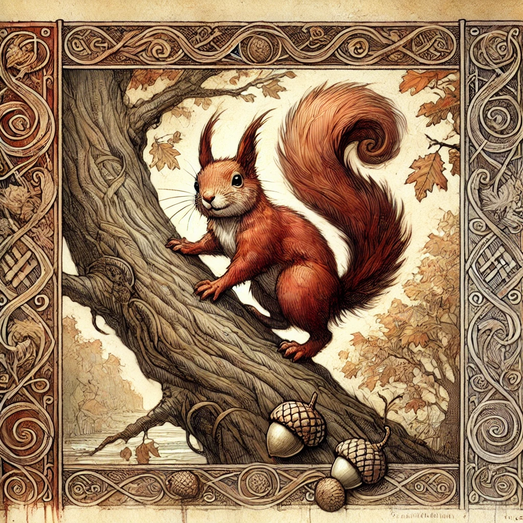 A ratatoska, a squirrel-like creature, climbing an oak tree