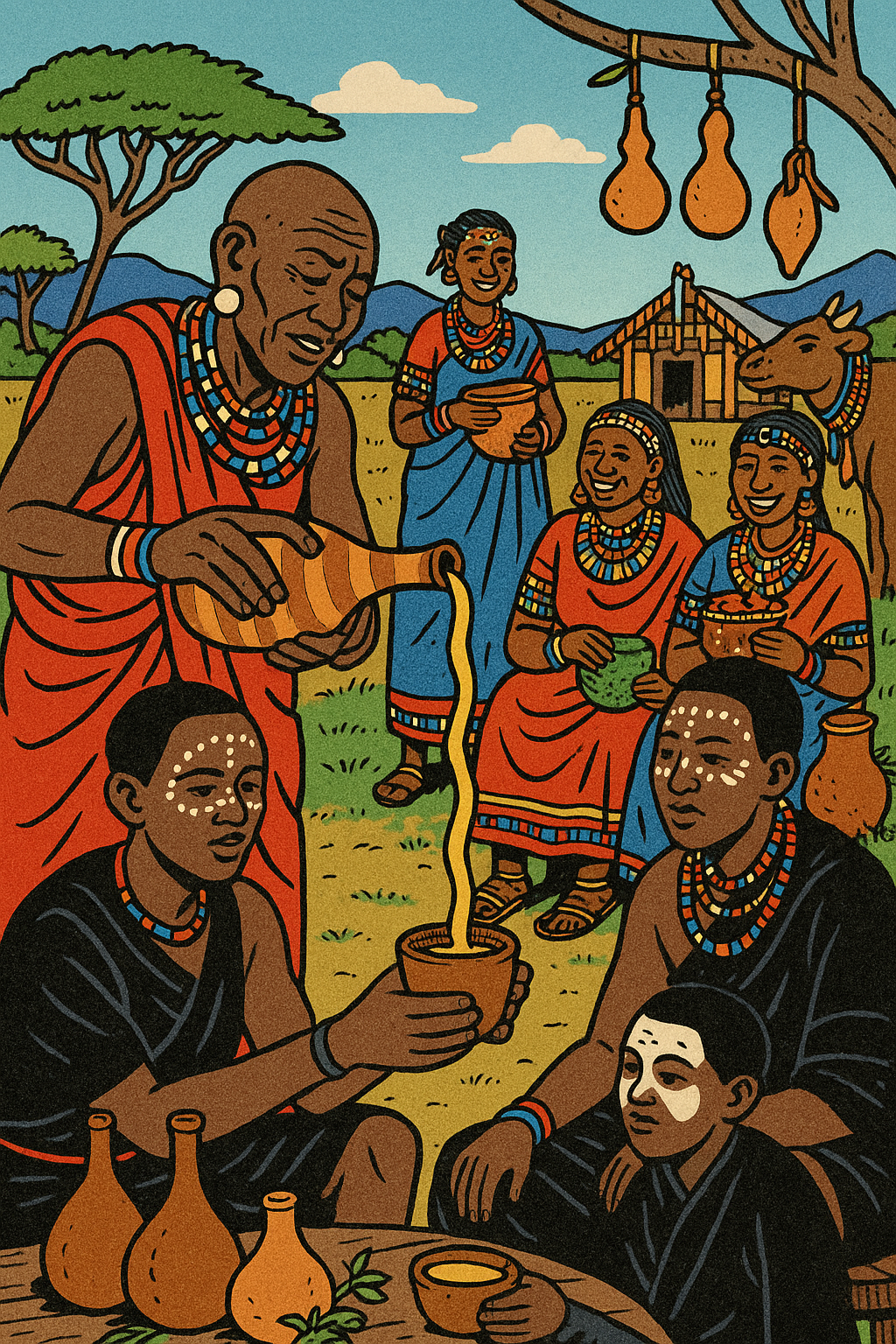 A Maasai man pours honey wine for young men with white face paint during a coming-of-age ceremony in Kenya, while women smile and watch