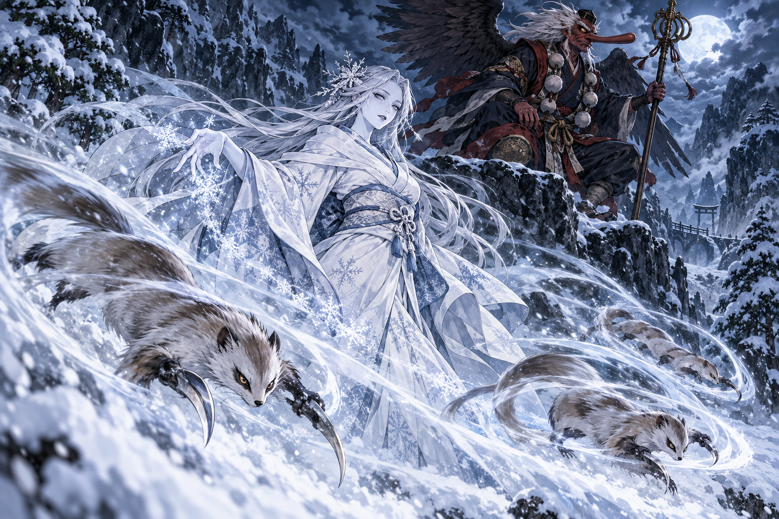 A yuki-onna snow woman, a long-nosed warrior tengu, and weasellike kamaitachi with razor-sharp claws, in a snowy mountain pass