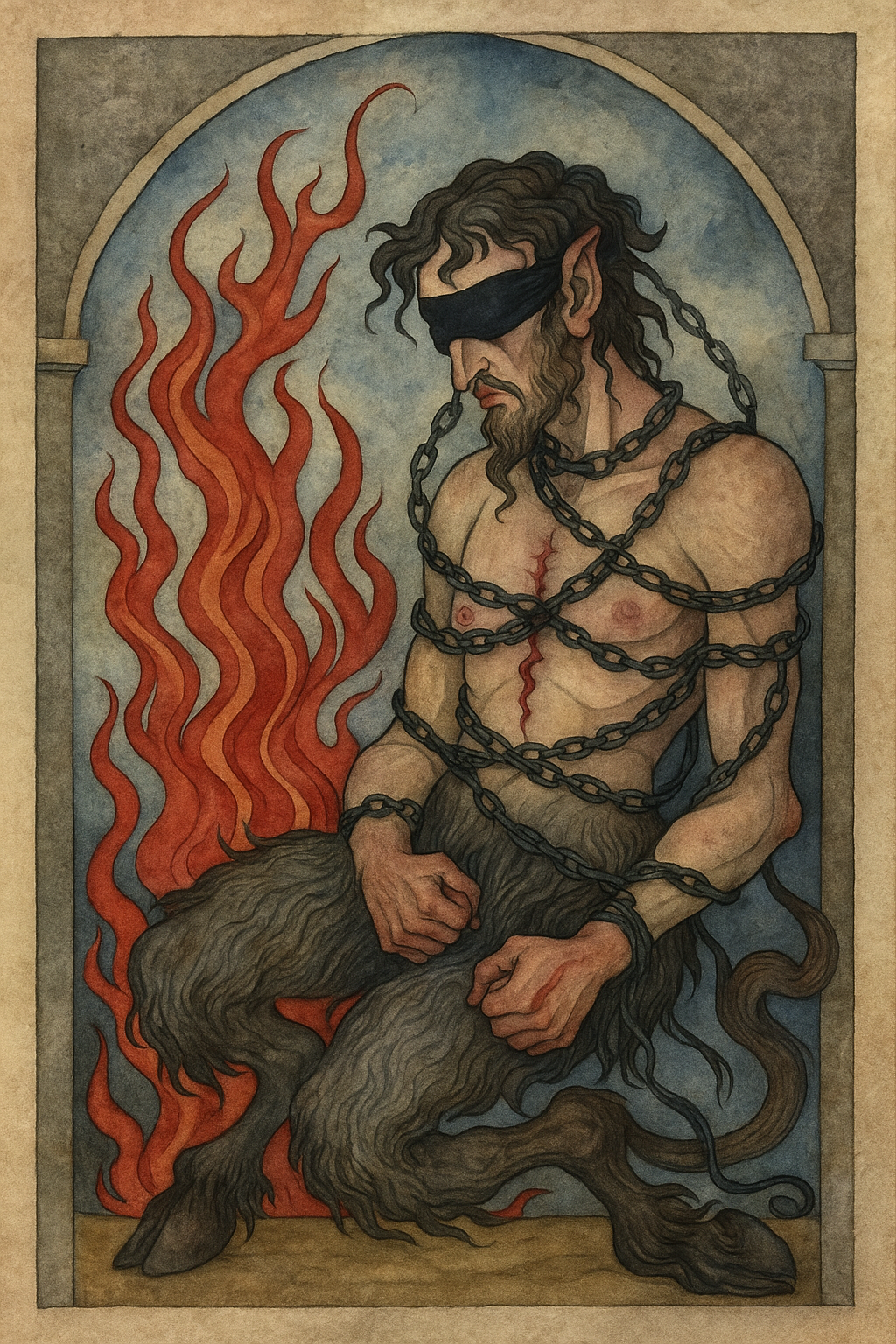 A blindfolded satyr wrapped in chains has a scar down his chest, as flames rise next to him