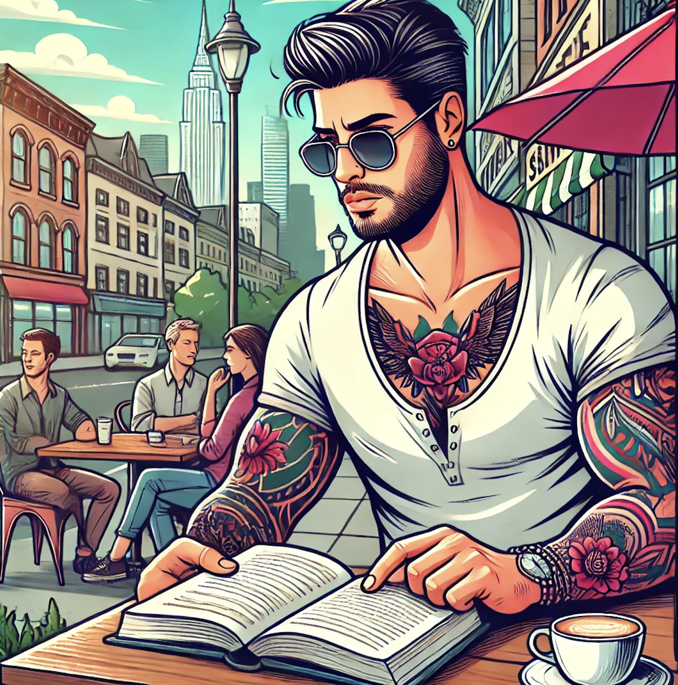 Illustration of tattooed muscular man with dark beard and sunglasses reading at a sidewalk cafe