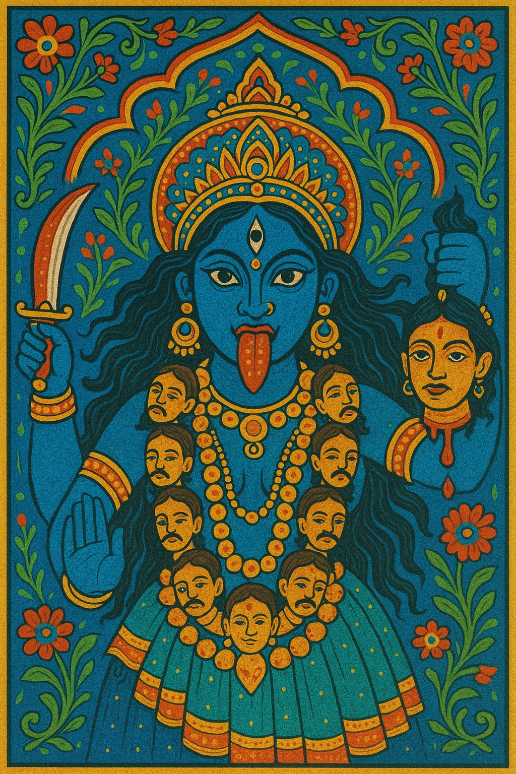 The blue-skinned Hindu goddess Kali, her tongue out, holding a sword and a decapitated head, wearing a necklace of heads