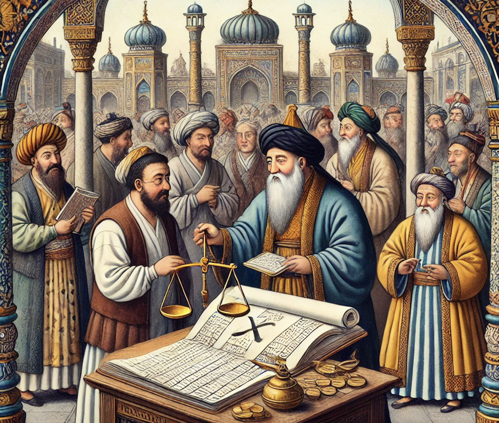 A Mongol in a city holds a scale in front of a large collection of tax documents