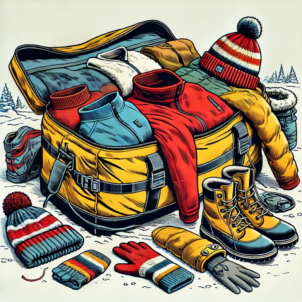 A soft yellow suitcase is filled with winter clothing