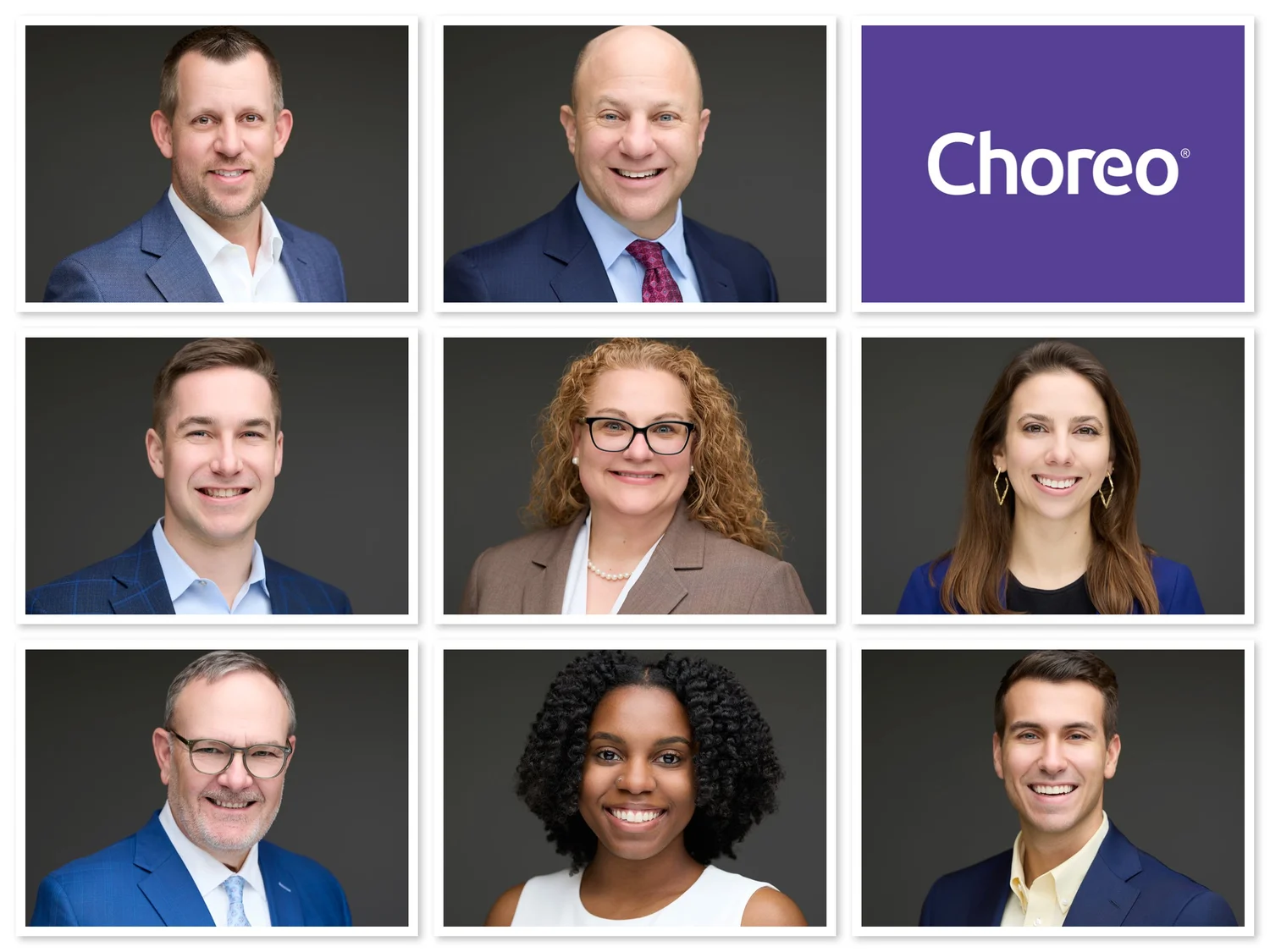 Choreo team headshots photographed by mjwphoto in Charlotte - executive financial advisor headshots with consistent brand styling