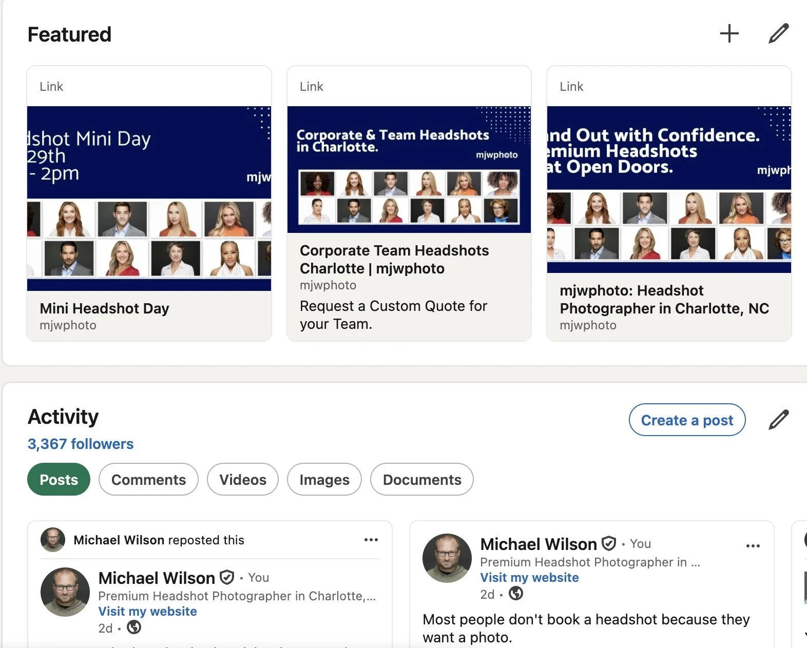 mjwphoto LinkedIn Featured section. 3 link cards