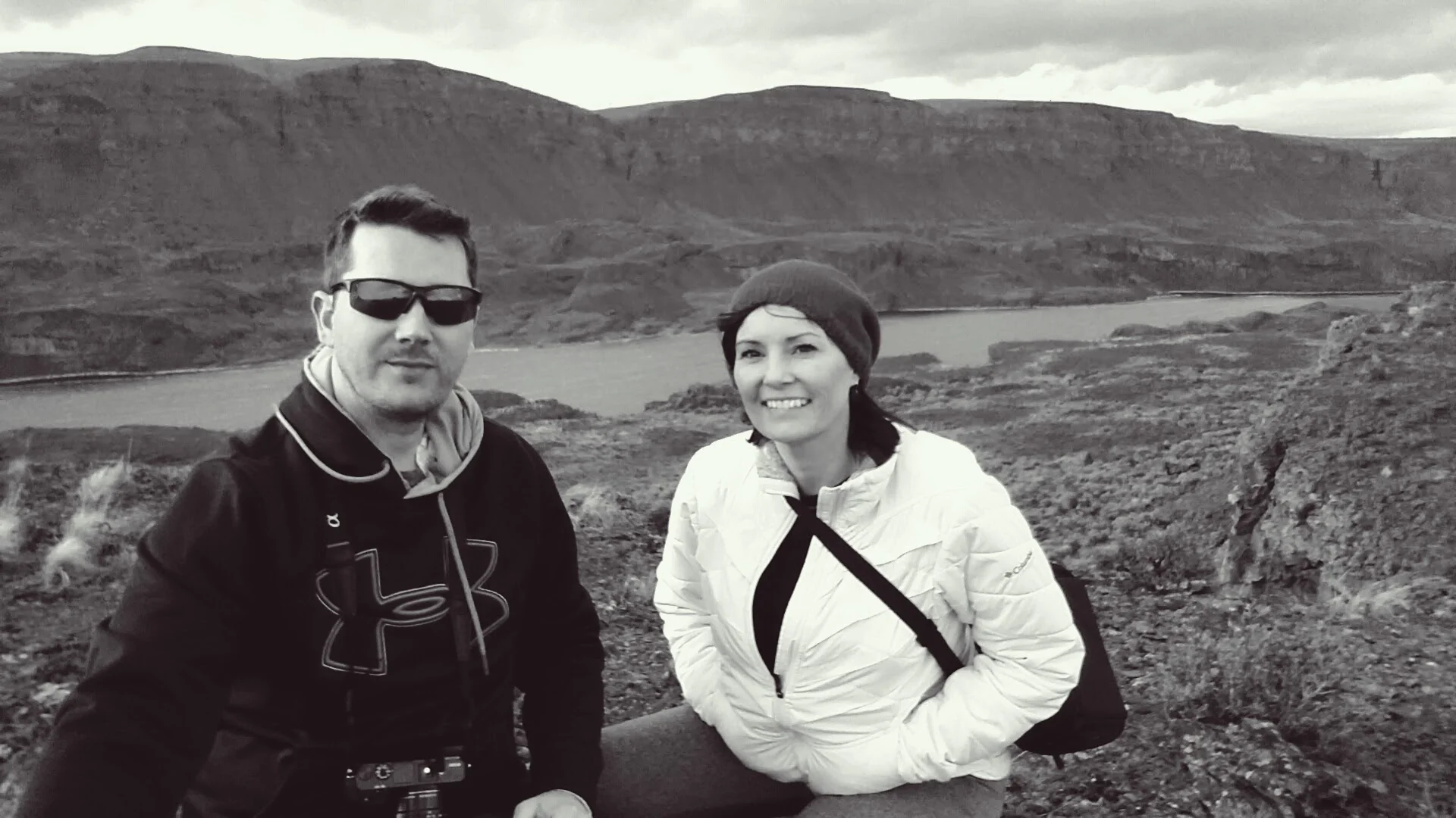 Photo taken of us with a Nexus 6 attached to an XShot Sport Camera Extender Pole atop of Lake Lenore Caves in Washington