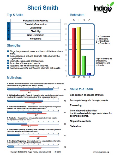 Example Indigo Assessment Summary Page.