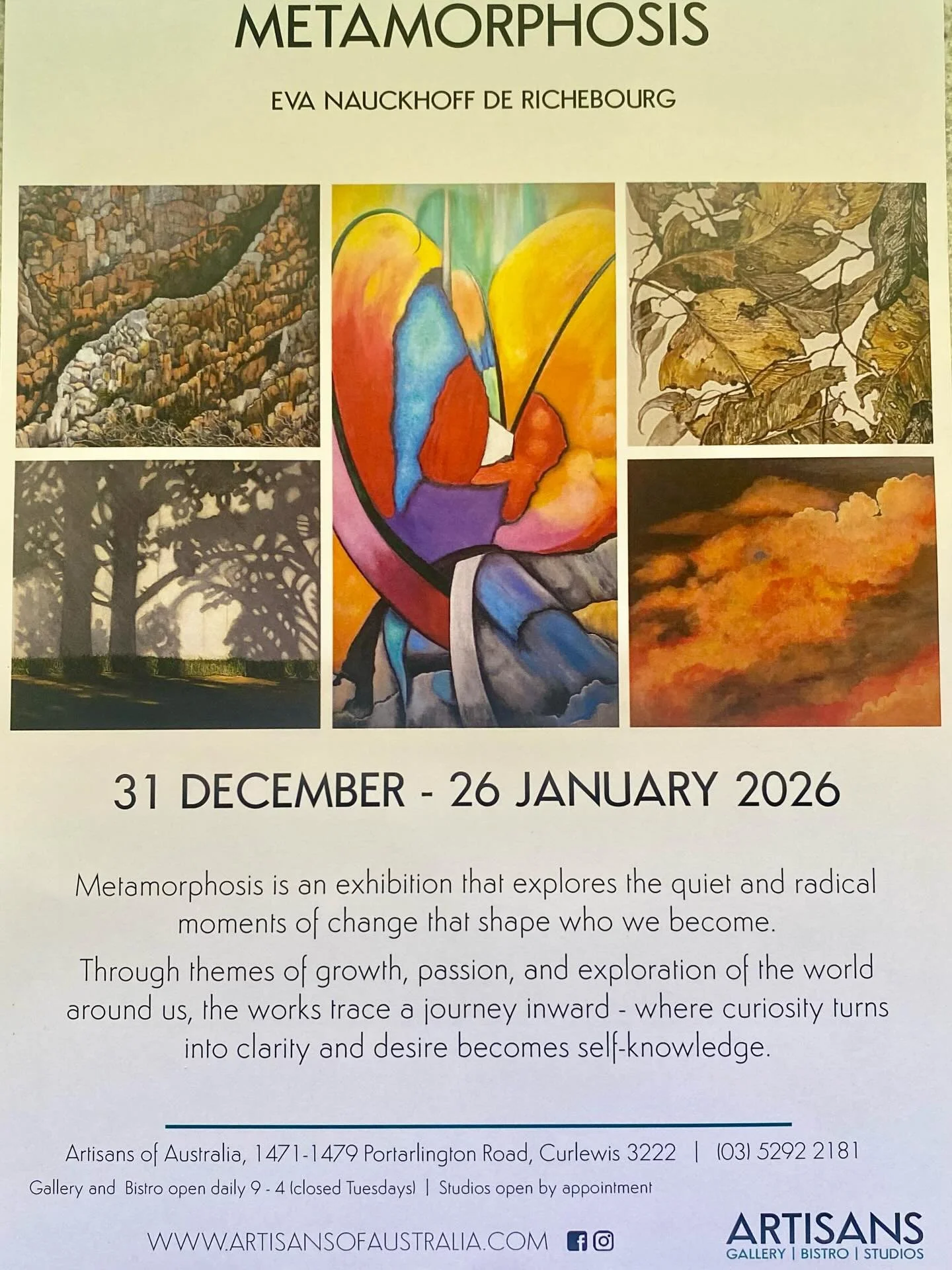 EXHIBITION ON NOW until the last week of January.  You are invited to the opening this Friday 6-8pm at Artisans of Australia 147 - 149 Port Arlington Rd, Curlewis Come and enjoy drinks and nibbles and explore the Metamorphosis 🥂 #exhibition #painiti