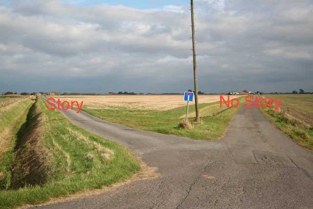  Fork jn road with Story on one and No Story on other 