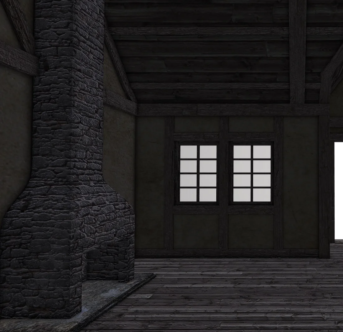  Dark room, no furniture, brick fireplace 