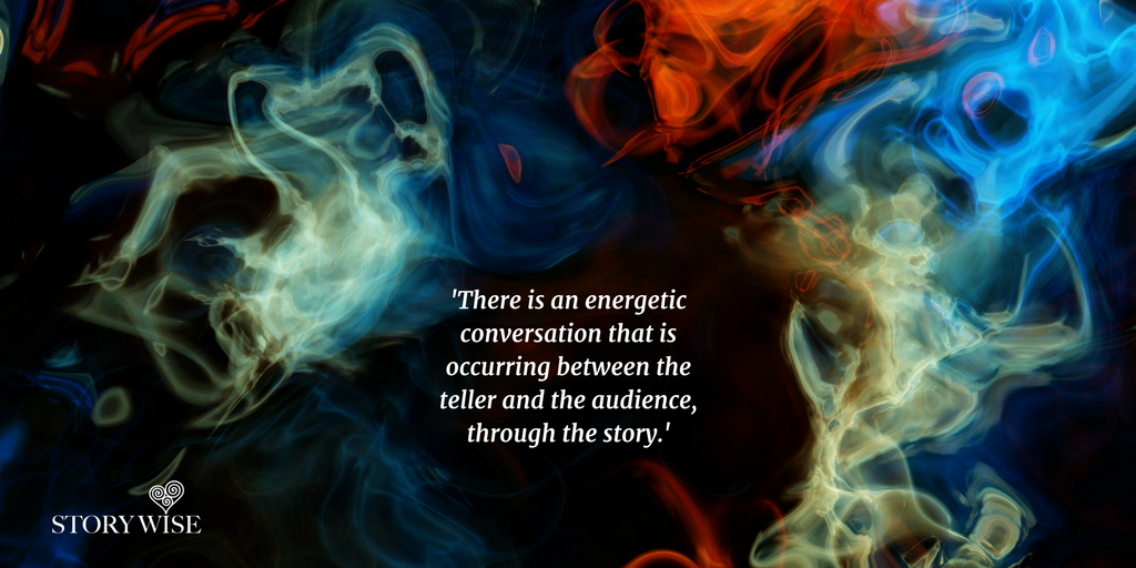  Coloured smoke and quote - ‘There is an energetic conversation that is occurring between the teller and the audience through the story.’ 