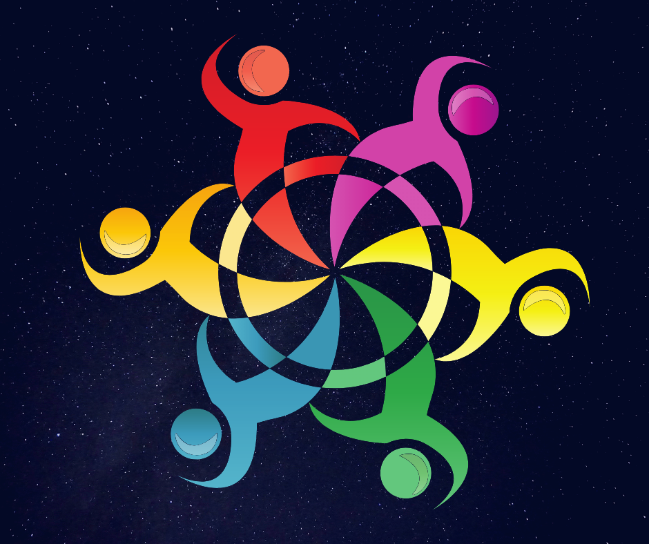  Coloured figures spiralling around 