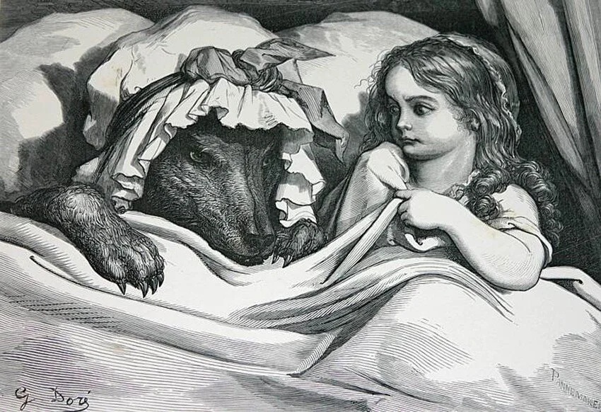  linocut of wolf in bed with girl 