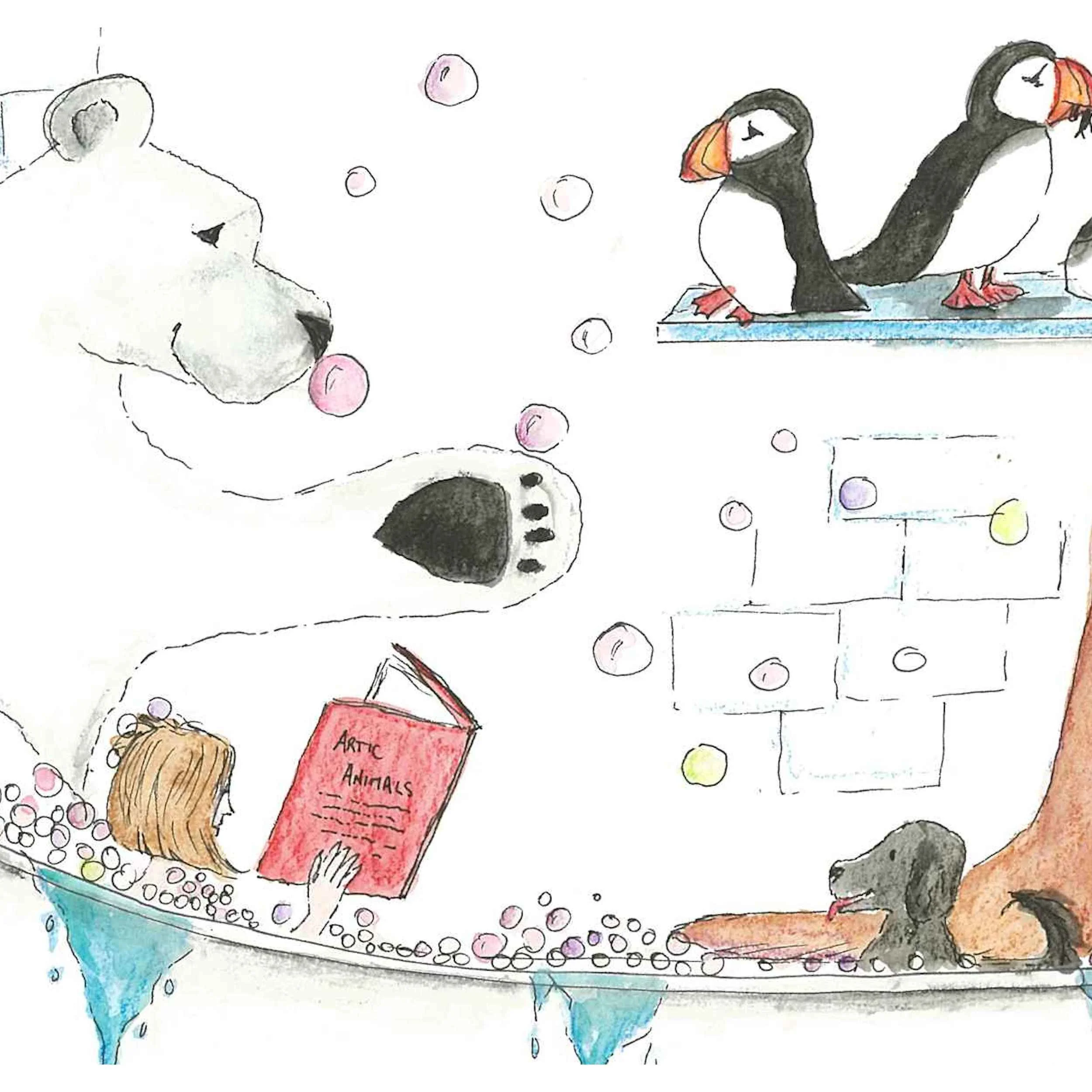 Bath time childrens wall art print (With friends polar bear, walrus, penguins and dog) close up