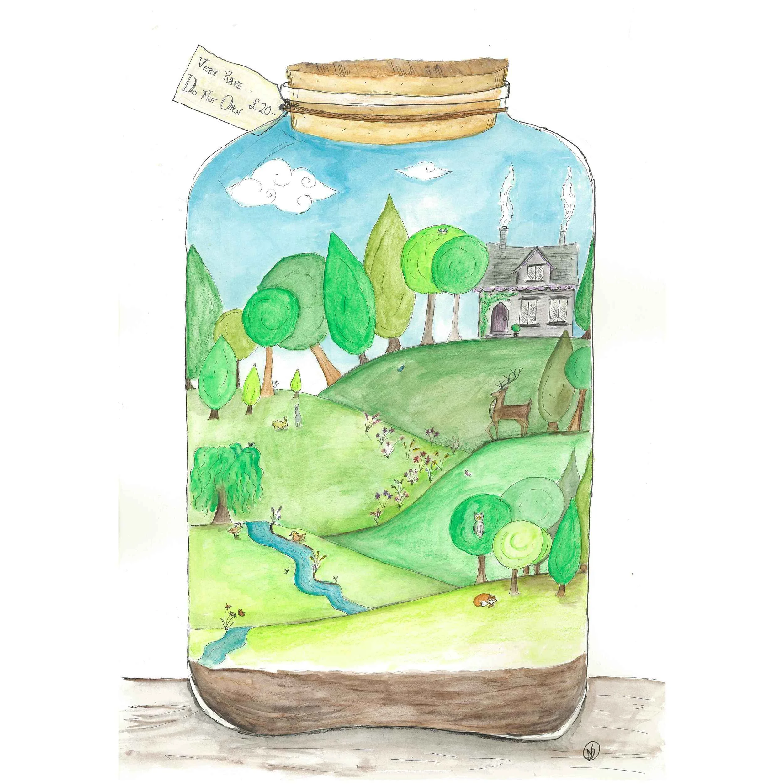 Forest cottage terrarium magical bottle wall art print