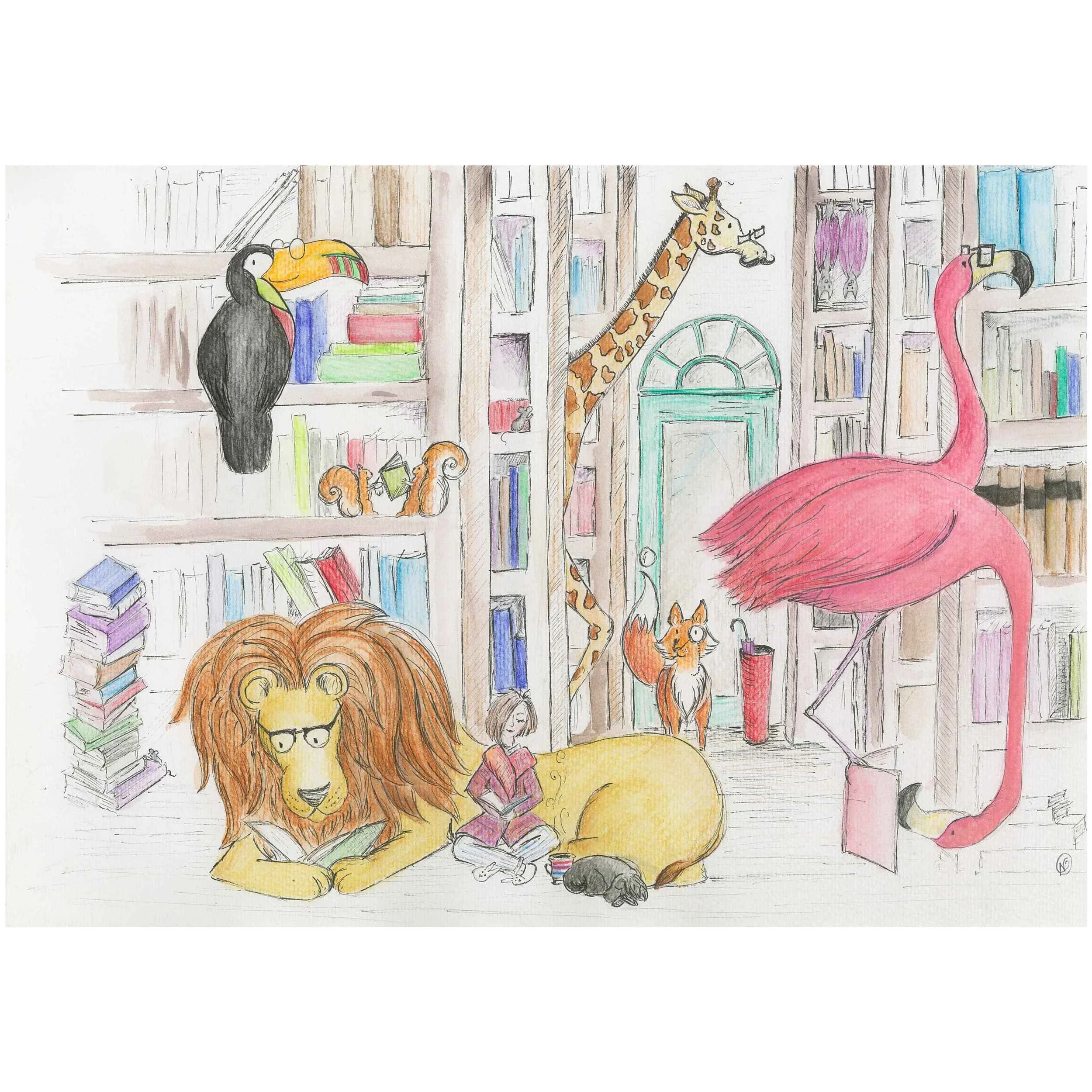 The magical bookshop nursery wall art print (With lion, giraffe, flamingos, toucan, fox and squirrels)