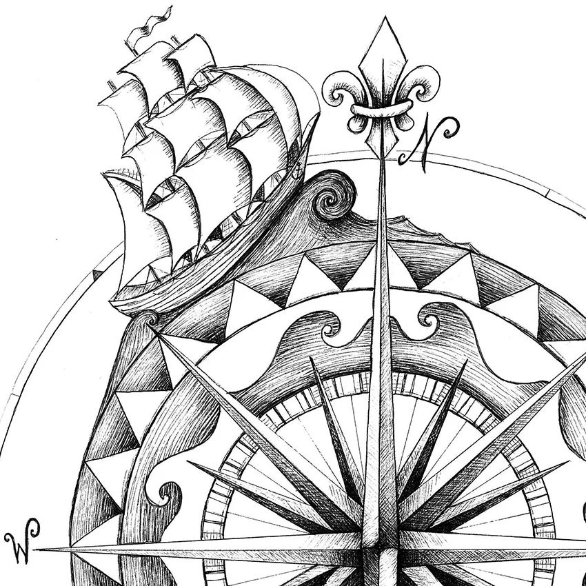 Compass black and white wall art print close up
