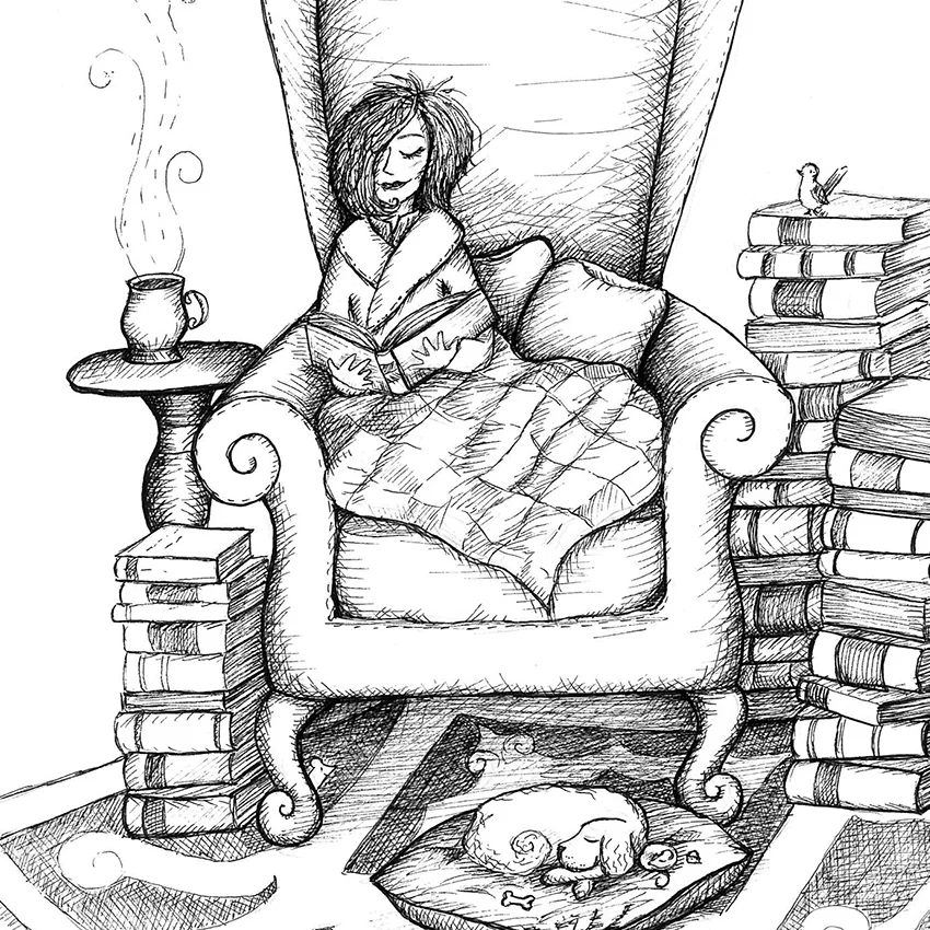 Girl reading black & white wall art print close up