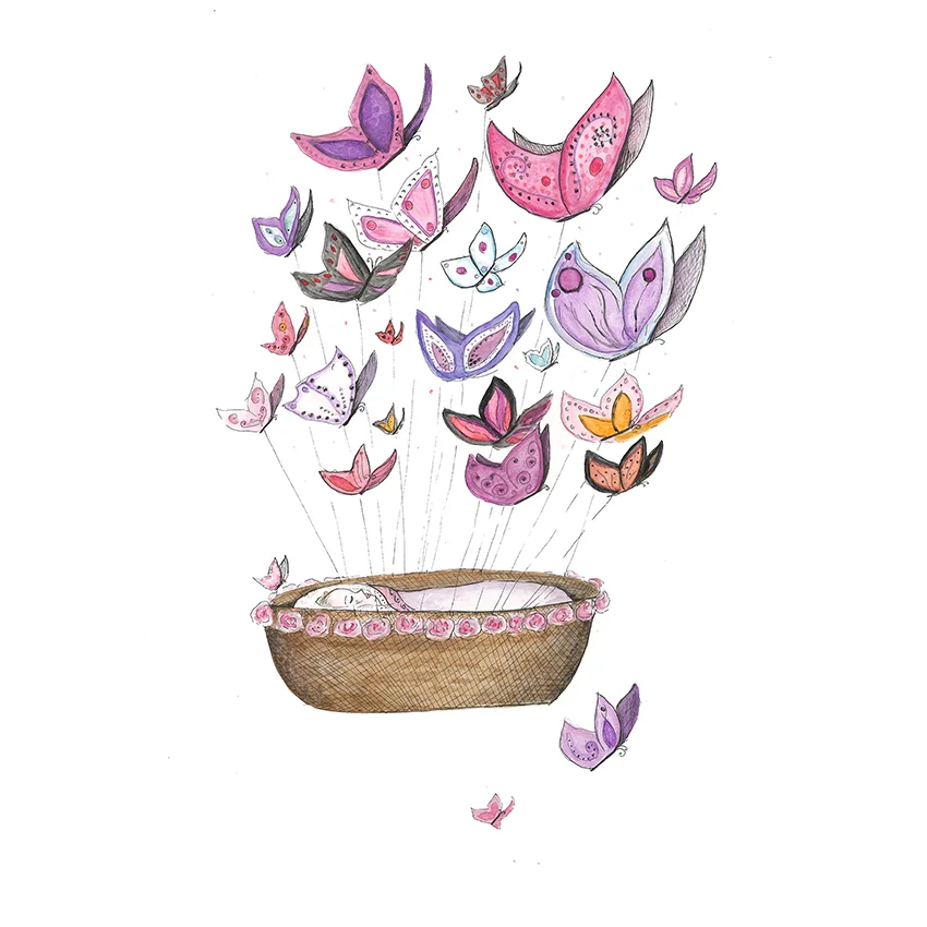 Newborn baby girl with butterflies wall art print