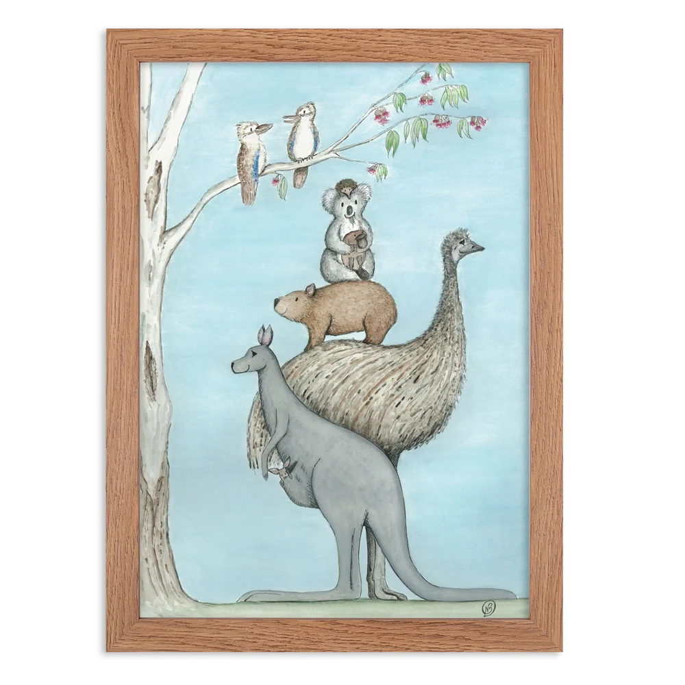Australian native animal stack wall art print (Kangaroo, Emu, Wombat, Koala, Kookaburras, Platypus) in wooden frame
