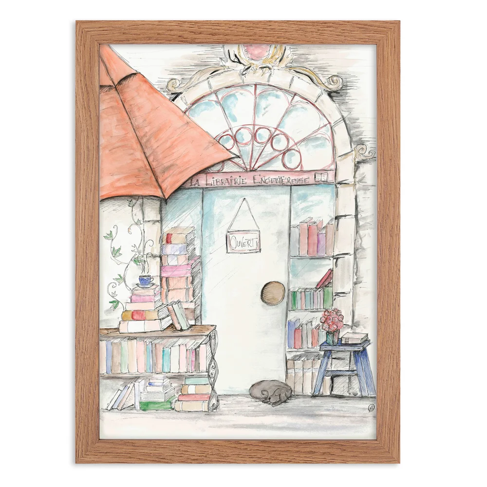 French bookshop wall art print - La librairie in wooden frame