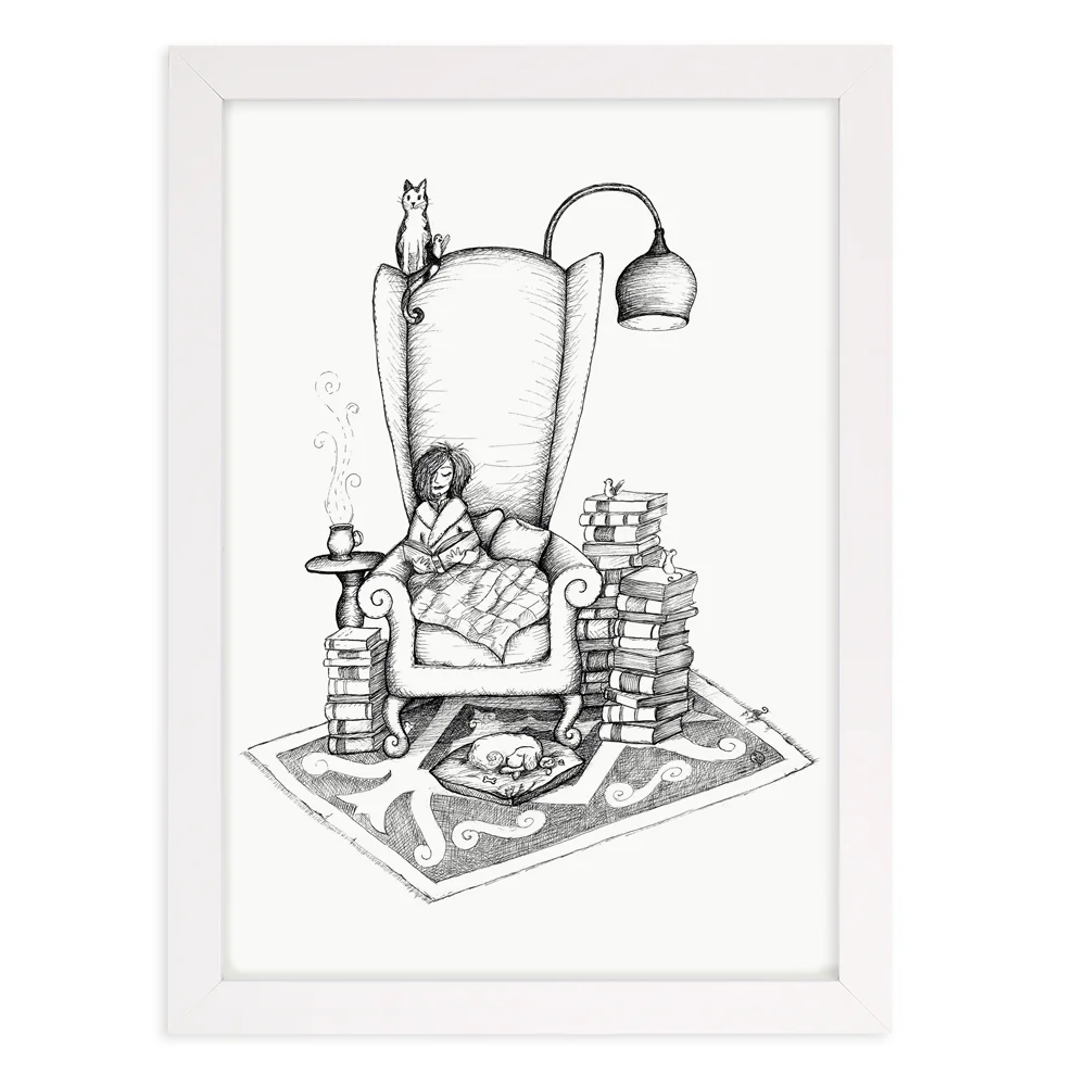 Girl reading in bookshop black and white wall art print in white frame
