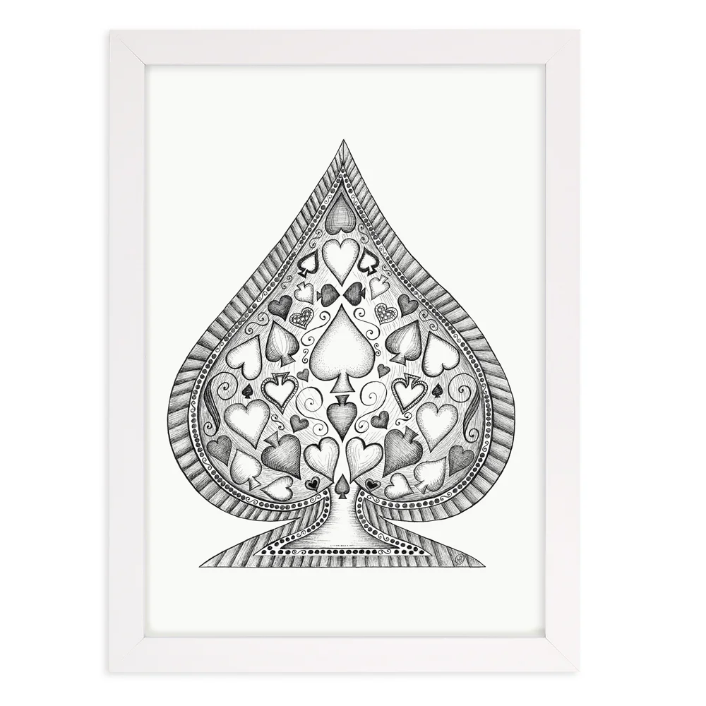 Ace of spades black and white art print in white frame