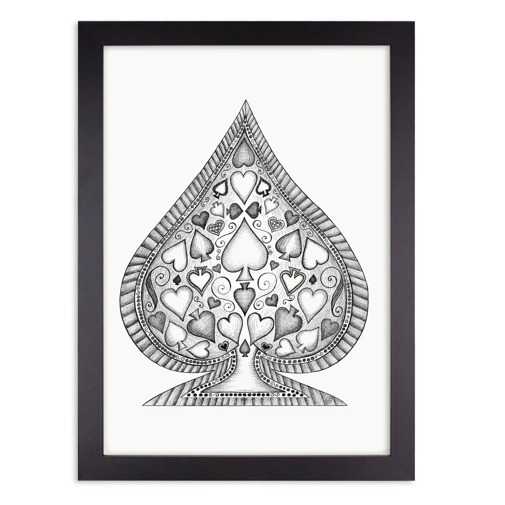 Ace of spades black and white art print in black frame