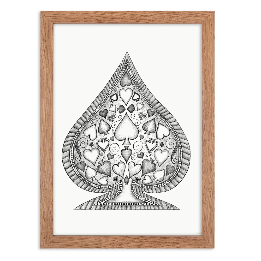 Ace of spades black and white art print in wooden frame