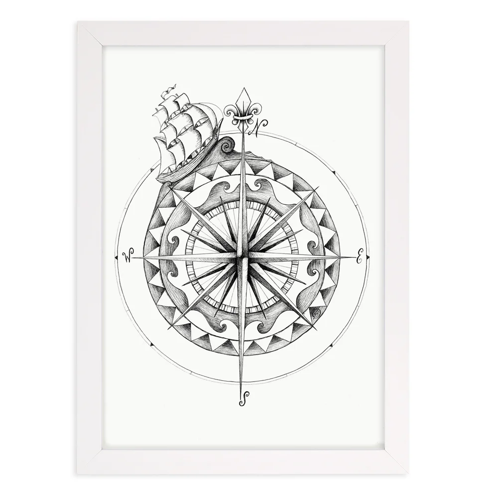 Compass black and white wall art print in white frame