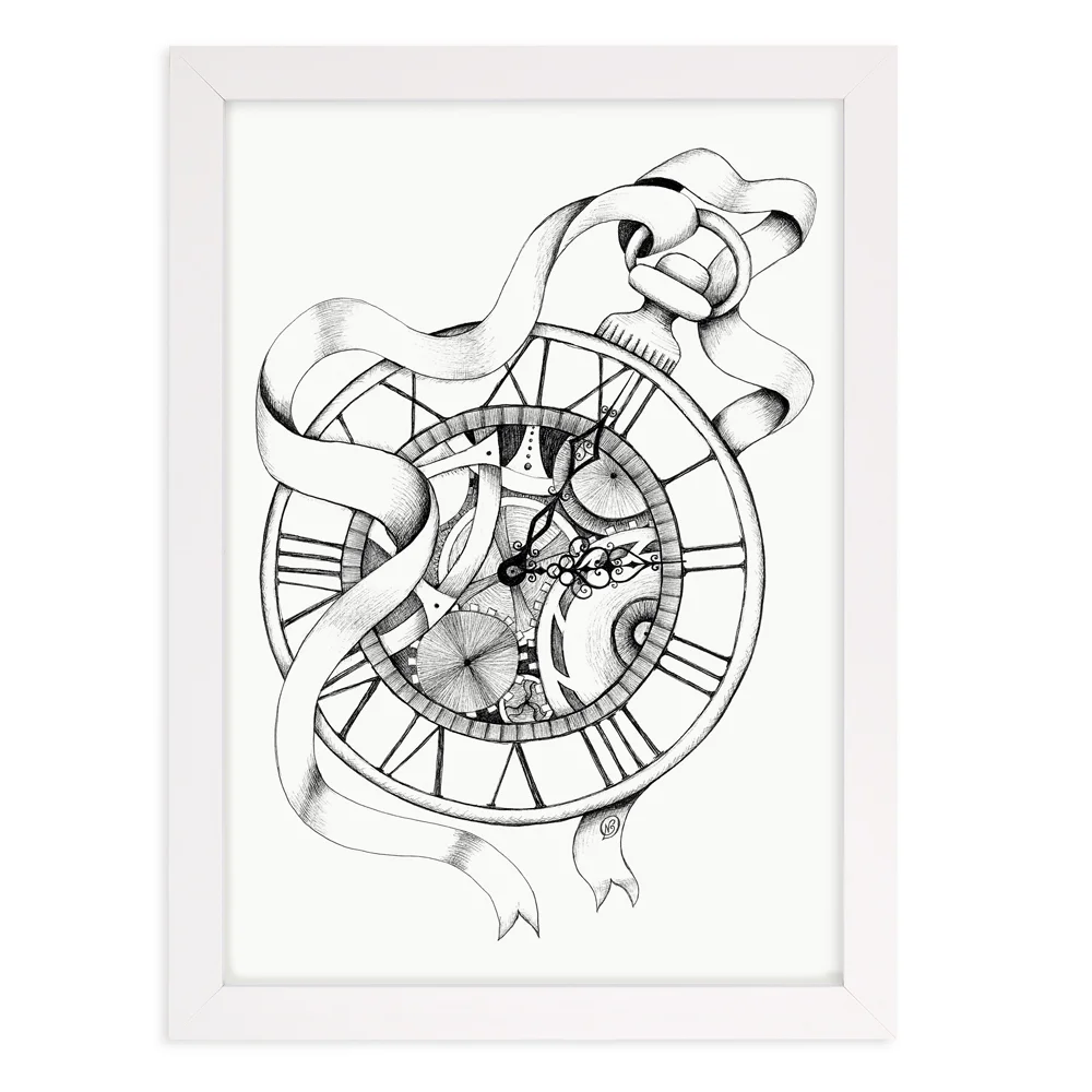 Time and watch black and white wall art print in white frame